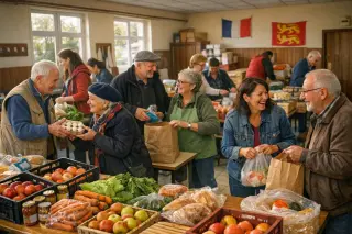 People of different ages sorting and distributing food together in a well-lit community hall, creating a warm and collaborative atmosphere.