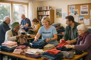 Volunteers and local residents sorting donated clothes together in a warmly lit community room, showing collaboration and dignity in a documentary style.