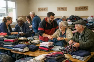 Community hall in Normandy where volunteers and local residents organize a solidarity market, warmly interacting and arranging everyday goods on tables.