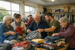 Volunteers of various ages sorting and folding clothes together in a light-filled, organized reuse center, engaged in friendly teamwork and conversation.
