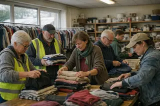 Volunteers of different ages sorting clothes together in a bright, modest second-hand shop, collaborating in a warm and respectful atmosphere.