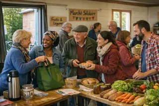 Solidarity market in a Normandy community hall, volunteers and residents exchanging goods and smiles in a welcoming atmosphere.