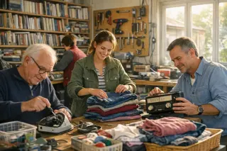 Volunteers of different ages sorting and repairing donated items together in a bright, friendly community workshop in Normandy.