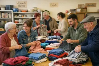 Volunteers and residents sorting clothes together in a bright, welcoming ressourcerie, sharing conversations and working as a team.