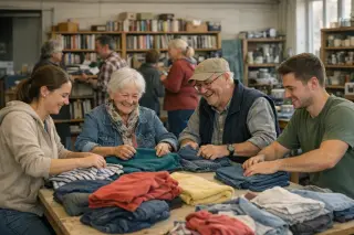 Volunteers of different ages sorting clothes and arranging items together in a Normandy reuse center, natural lighting and relaxed teamwork atmosphere.