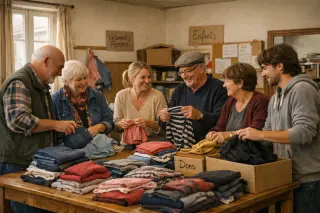 Volunteers of various ages sorting clothes together in a warmly lit community space, engaged in focused, friendly teamwork.