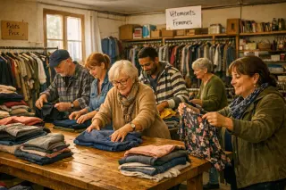 Volunteers of different ages collaboratively sorting clothes in a well-lit, everyday second-hand shop, with a beneficiary choosing garments nearby, all sharing a positive, respectful atmosphere.