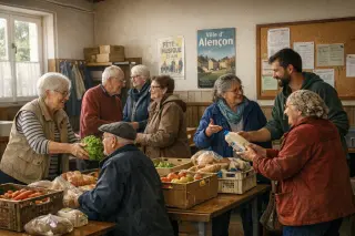 Volunteers and local residents exchanging food and smiles in a naturally lit community hall in Normandy, baskets of groceries on tables, atmosphere of warmth and respect.