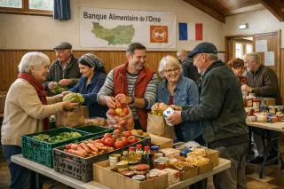 Volunteers and recipients working together to pack and organize food in a community hall, all ages involved, warm collaborative atmosphere, subtle signs of local food bank.