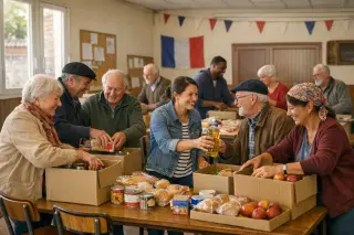 Volunteers and community members of various ages work together at food distribution tables in a Normandy community hall, engaged and smiling in a warm, everyday setting.