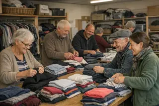 Volunteers of various ages sorting and folding clothes together in a simple, well-lit community room, sharing a warm and genuine moment of solidarity.
