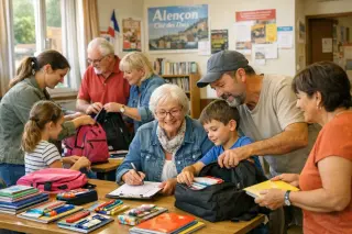 Volunteers and families sorting and preparing school supplies together in a community center, sharing smiles and teamwork in a bright, welcoming room.