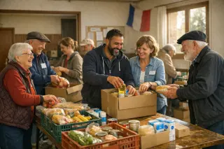 Volunteers and local residents working together to distribute food parcels in a community hall, captured in a warm and lively moment.