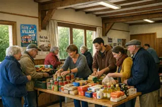 Volunteers and locals of different ages arranging and choosing food at a solidarity grocery event in a Normandy community hall, bathed in natural light and a welcoming atmosphere.