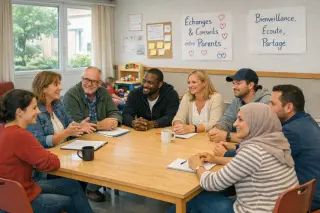 Parents of various ages and backgrounds in discussion with a community worker in a modest, sunlit meeting room, with a warm, supportive atmosphere and children playing nearby.
