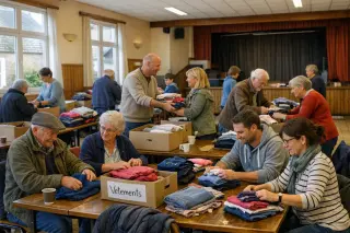 Volunteers and local residents of diverse ages sort clothes together in a naturally lit community hall, working as equals in a warm, everyday setting.