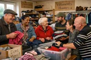 Volunteers and local residents sorted donated clothes together in a well-lit community resource center, interacting warmly as equals in a typical Normandy setting.