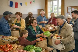 Group of volunteers and local residents sharing and distributing food in a bright Normandy community hall, all engaged with purpose and warmth.