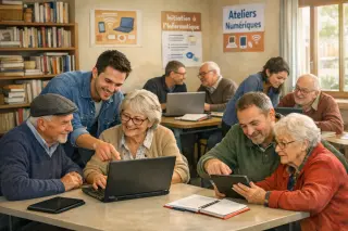 People of varying ages gathered in a simple community room, learning to use digital devices together, guided by a friendly volunteer in a warm, collaborative setting.