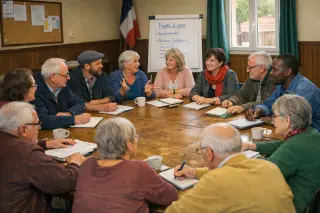 Group of people of various ages having an active, warm meeting around a table in a modest community hall, collaborating and exchanging ideas.