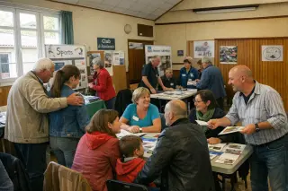 Forum associatif dans une salle communale normande, participants de tous âges en pleine discussion entre stands, ambiance conviviale et authentique, lumière naturelle.