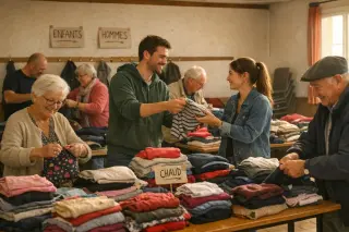 People of various ages sorting donated clothes together in a modest community hall, showing solidarity in a warm, everyday atmosphere.