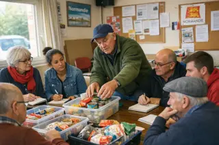 Volunteers of different ages engaged in a training session around a table in a Normandy community center, learning together in a warm and collaborative environment.