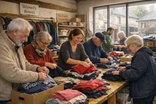 Volunteers of various ages sorting clothes together in a community workshop, natural light, cooperative and welcoming atmosphere.