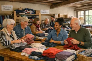 Volunteers of various ages sorting and folding clothes together in a friendly, natural-lit community center with wooden tables and shelves, demonstrating collaboration and dignity.