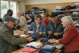 People of different ages sorting clothing together in a bright community hall, engaged in friendly conversation, surrounded by folded clothes and shelves, in a natural, documentary style.