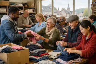 Volunteers of various ages sorting donated clothes together in a lively, welcoming workshop, natural light streaming in, teamwork and mutual respect evident, everyday solidarity in action.