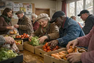 People of different ages packing food baskets together in a friendly, light-filled community room, sharing smiles and working side by side in a natural, authentic atmosphere.