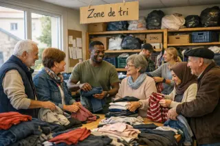 Volunteers of different ages sort clothes together in a bright, modest resource center, sharing a moment of teamwork and warmth.